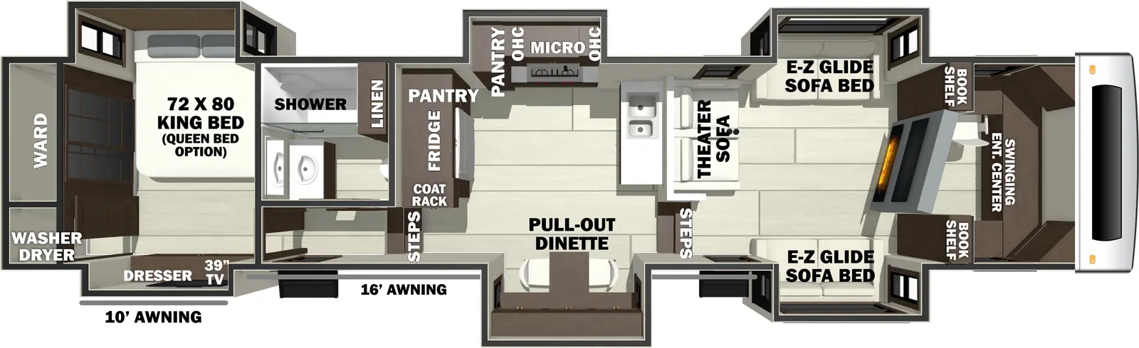 The RIVERSTONE 425FO floorplan has one entry and six slide outs. Exterior features include: fiberglass exterior and 16' & 10' awning. Interiors features include: rear bedroom and front living.